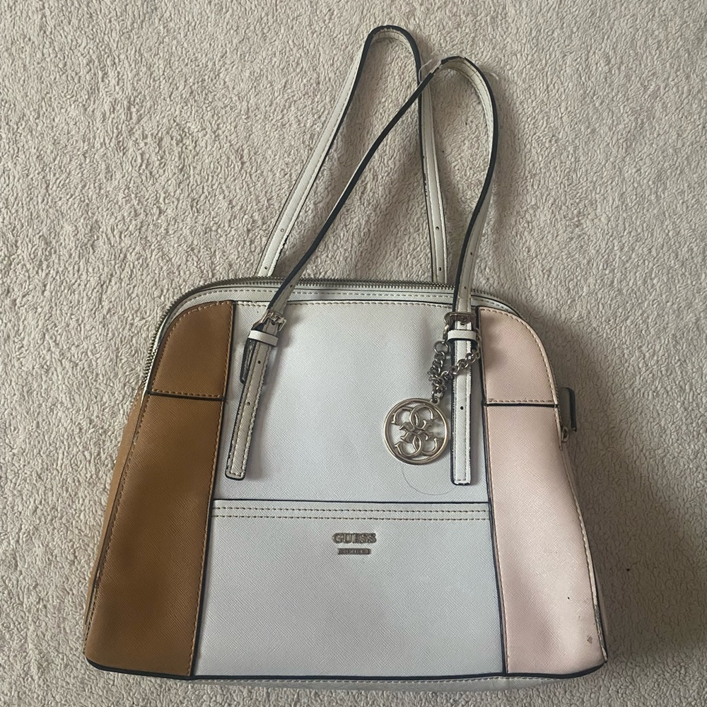 Guess White, Pink and Brown Shoulder Bag with Structured Elegance